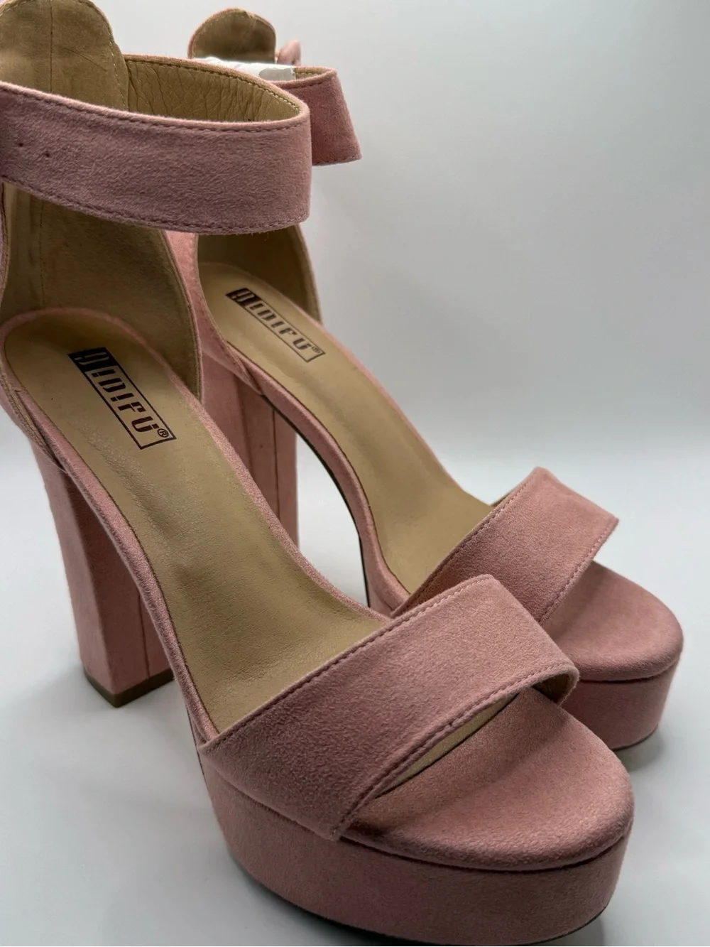 Suede-Look Pink Platform Block Heel Sandals with Ankle Strap